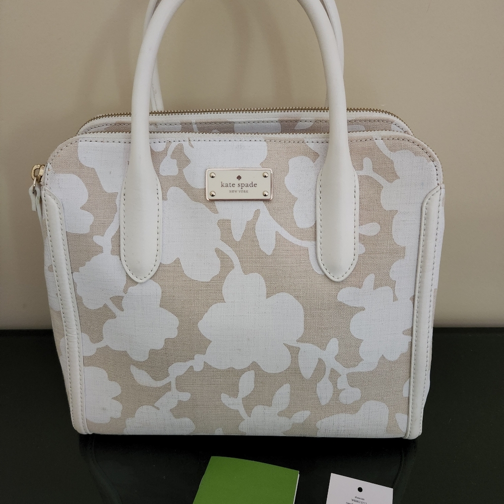 Kate Spade White and Beige Floral Satchel. Linen and Leather.